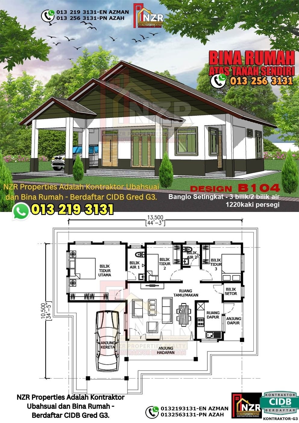 Design B104 rumah 1 tingkat 1220 kps dengan 3 bilik tidur dan 2 bilik air.