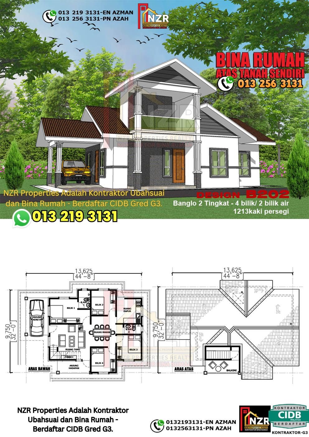 Design B202 rumah dua tingkat 1213 kps dengan 4 bilik tidur dan 2 bilik air.