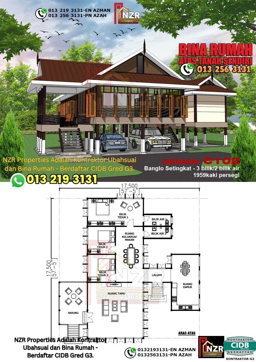 Design C102 rumah 1 tingkat 1959 kps dengan 3 bilik tidur dan 2 bilik air.