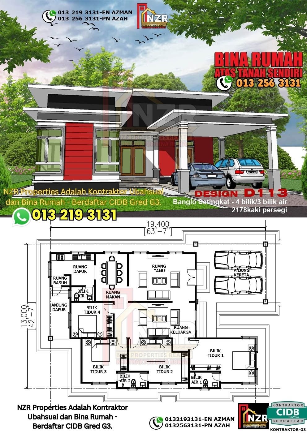 Design D113 rumah 1 tingkat 2178 kps dengan 4 bilik tidur dan 3 bilik air.
