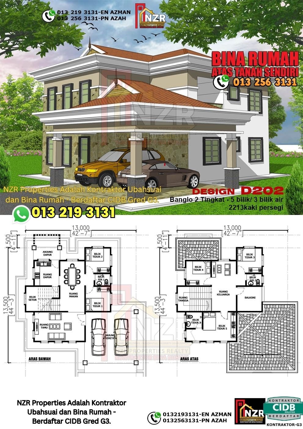 Design D202 rumah dua tingkat 2213 kps dengan 5 bilik tidur dan 3 bilik air.