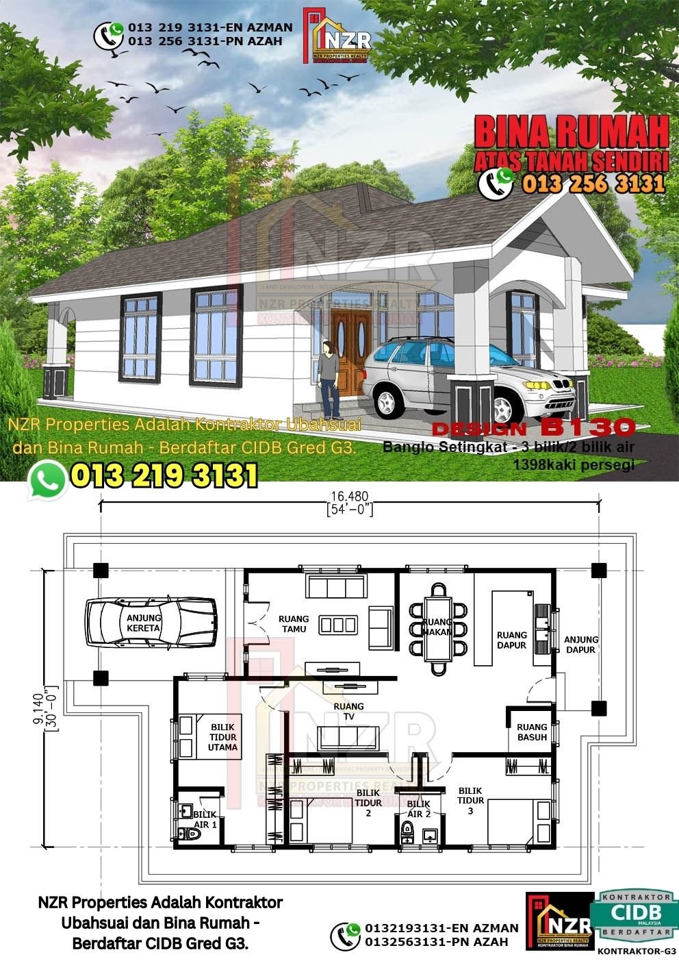 Design B130 rumah 1 tingkat 1398 kps dengan 3 bilik tidur dan 2 bilik air.