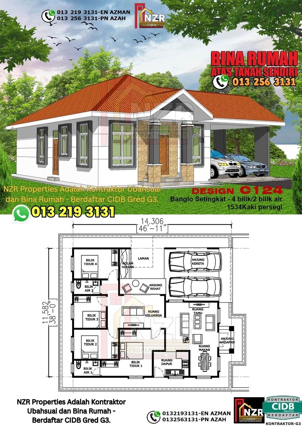 Design C124 rumah 1 tingkat 1534 kps dengan 4 bilik tidur dan 2 bilik air.