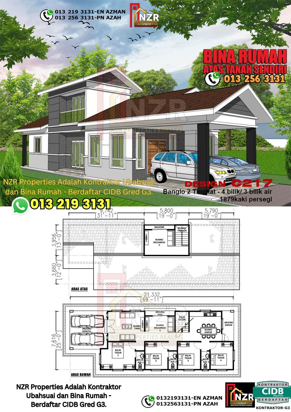 Design C217 rumah dua tingkat 1879 kps dengan 4 bilik tidur dan 3 bilik air.