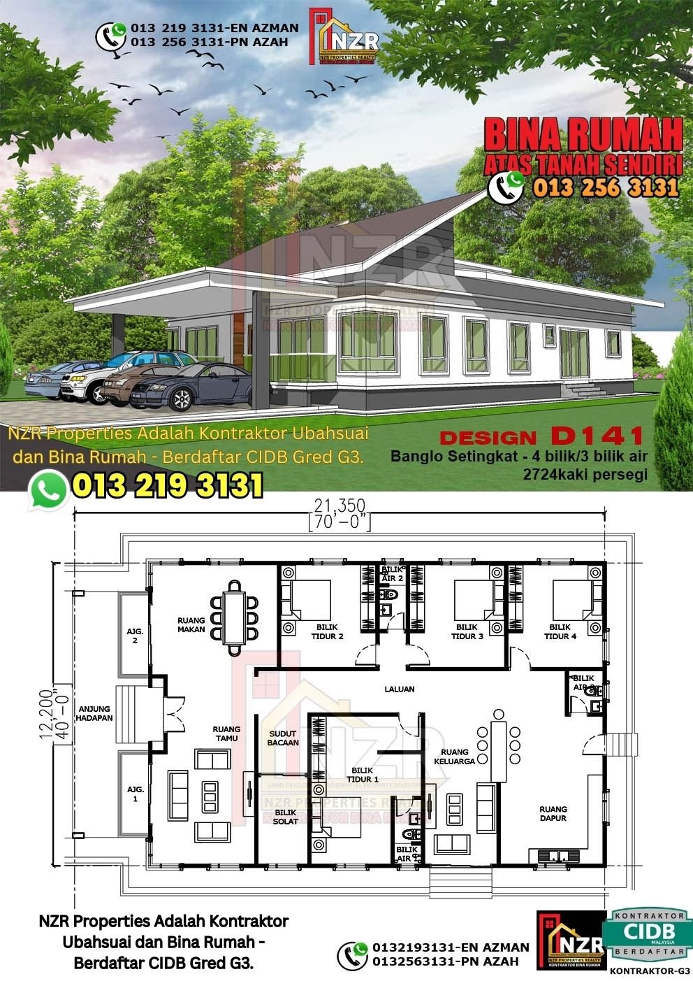 Design D141 rumah 1 tingkat 2724 kps dengan 4 bilik tidur dan 3 bilik air.