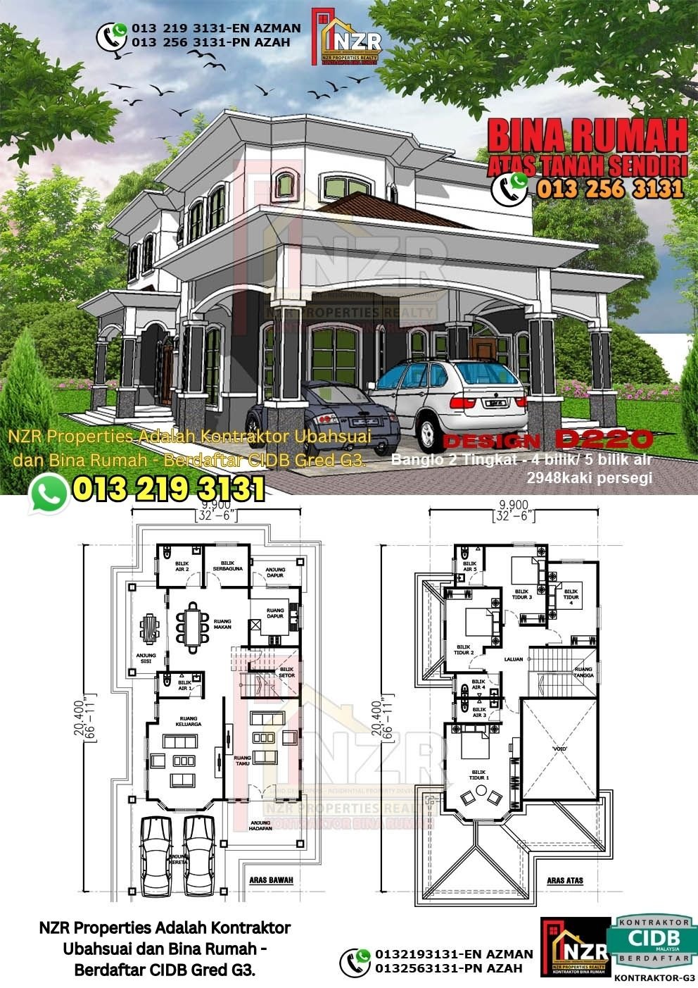 Design D220 rumah dua tingkat 2948 kps dengan 4 bilik tidur dan 5 bilik air.