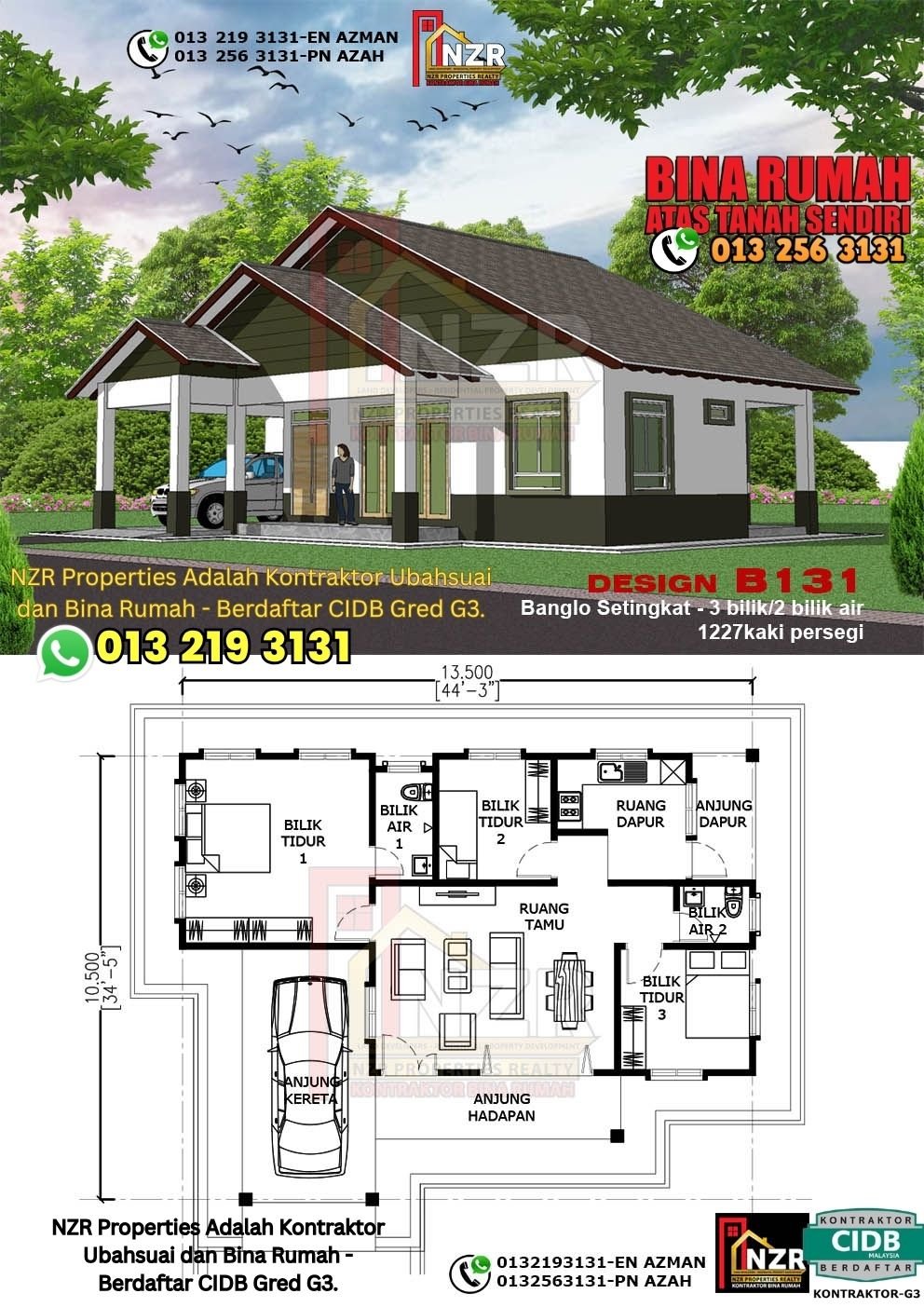 Design B131 rumah setingkat 1227 kps dengan 3 bilik tidur dan 2 bilik air.
