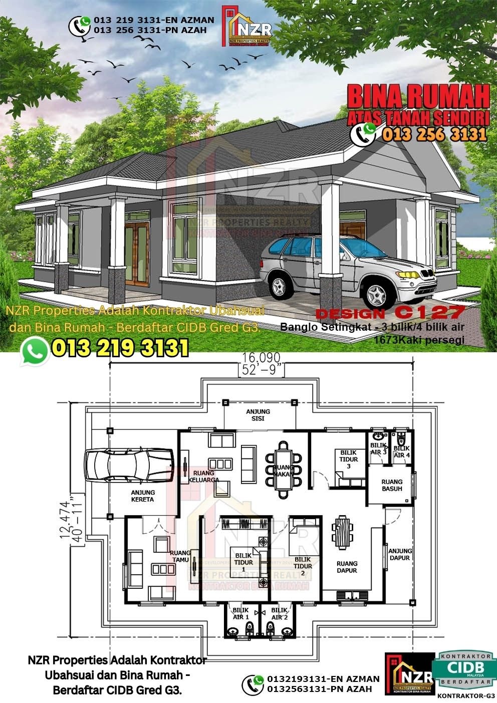 Design C127 rumah 1 tingkat 1673 kps dengan 3 bilik tidur dan 4 bilik air.
