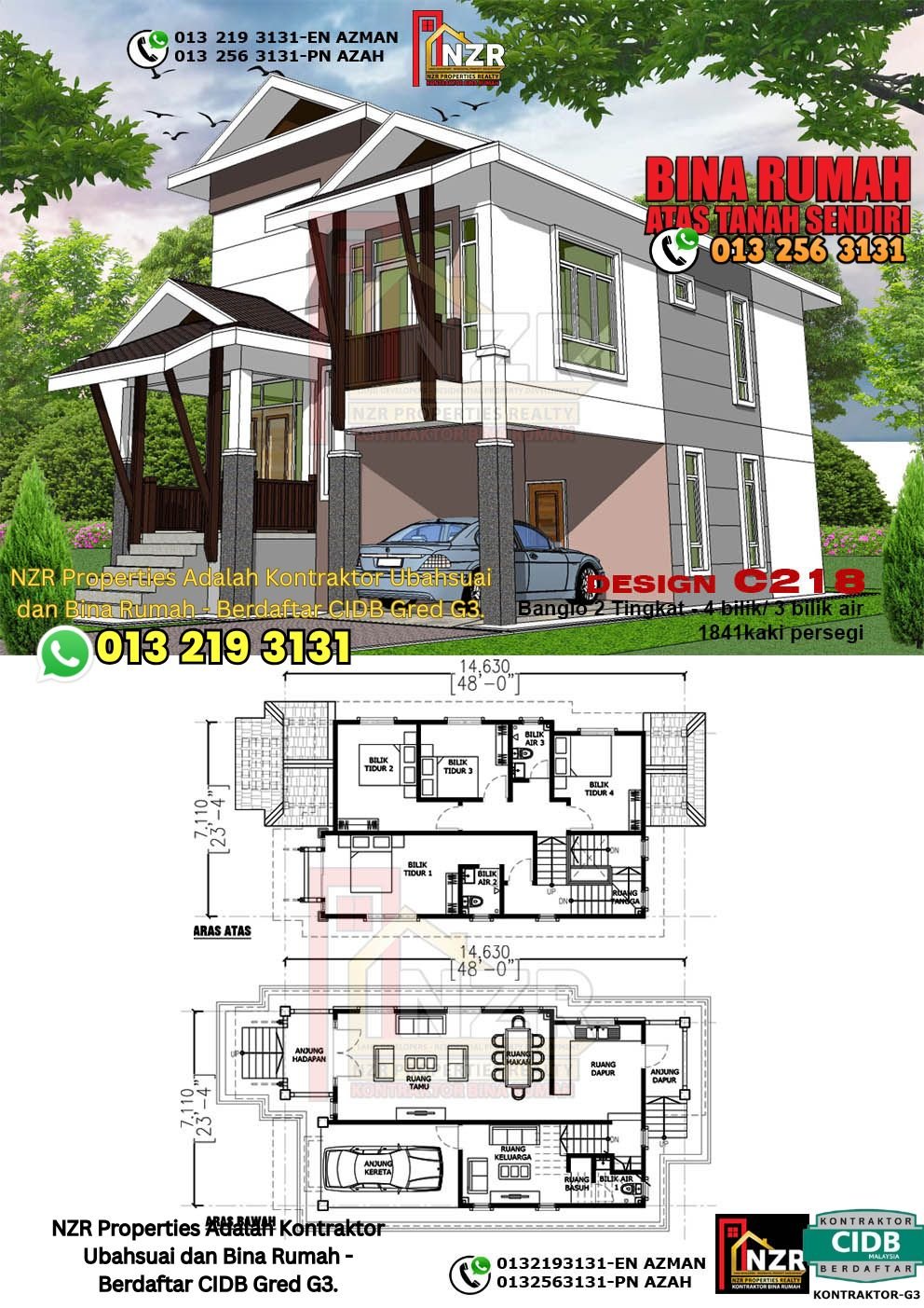Design C218 rumah dua tingkat 1841 kps dengan 4 bilik tidur dan 3 bilik air.