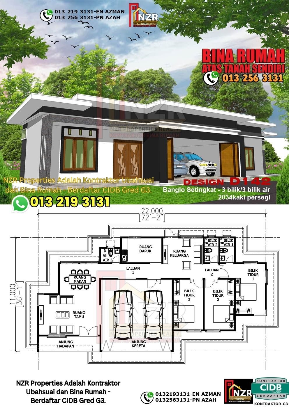 Design D142 rumah 1 tingkat 2034 kps dengan 3 bilik tidur dan 3 bilik air.