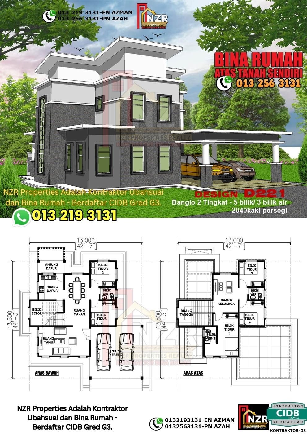 Design D221 rumah dua tingkat 2040 kps dengan 5 bilik tidur dan 3 bilik air.