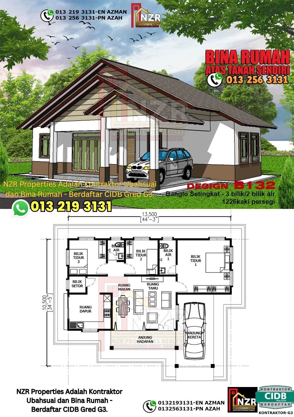Design B132 rumah setingkat 1226 kps dengan 3 bilik tidur dan 2 bilik air.