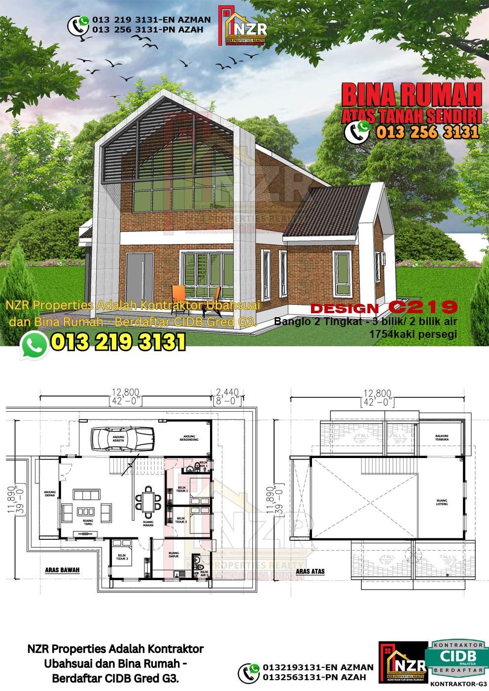 Design C219 rumah dua tingkat 1754 kps dengan 3 bilik tidur dan 2 bilik air.