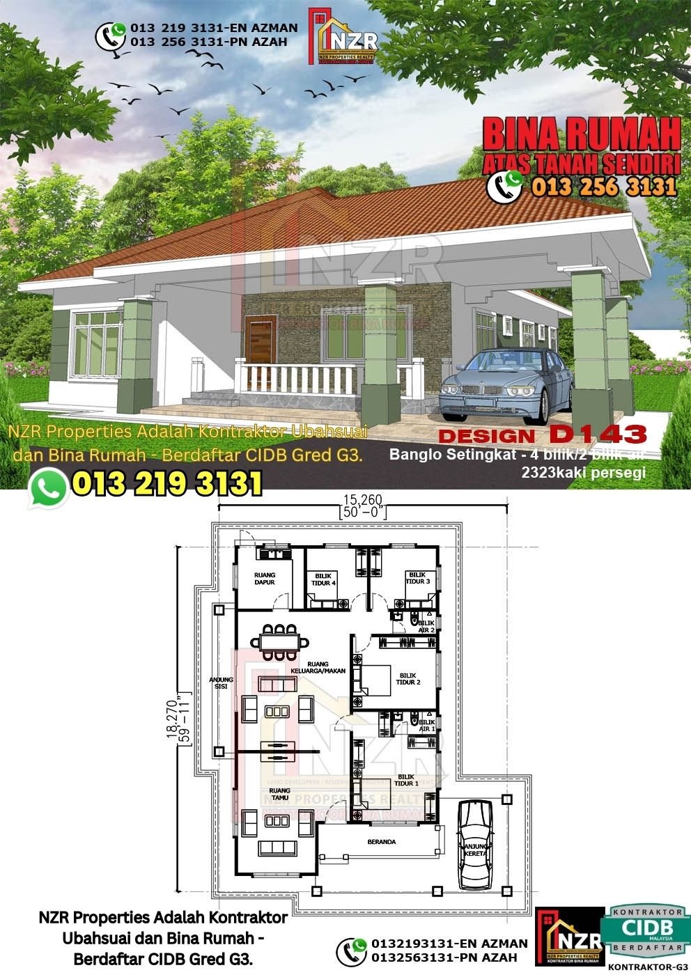 Design D143 rumah 1 tingkat 2323 kps dengan 4 bilik tidur dan 2 bilik air.