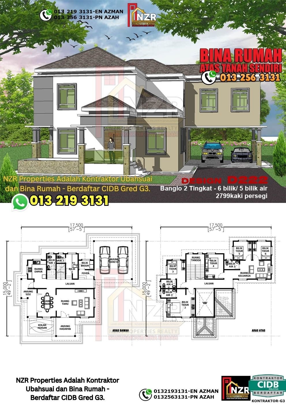 Design D222 rumah dua tingkat 2799 kps dengan 6 bilik tidur dan 5 bilik air.