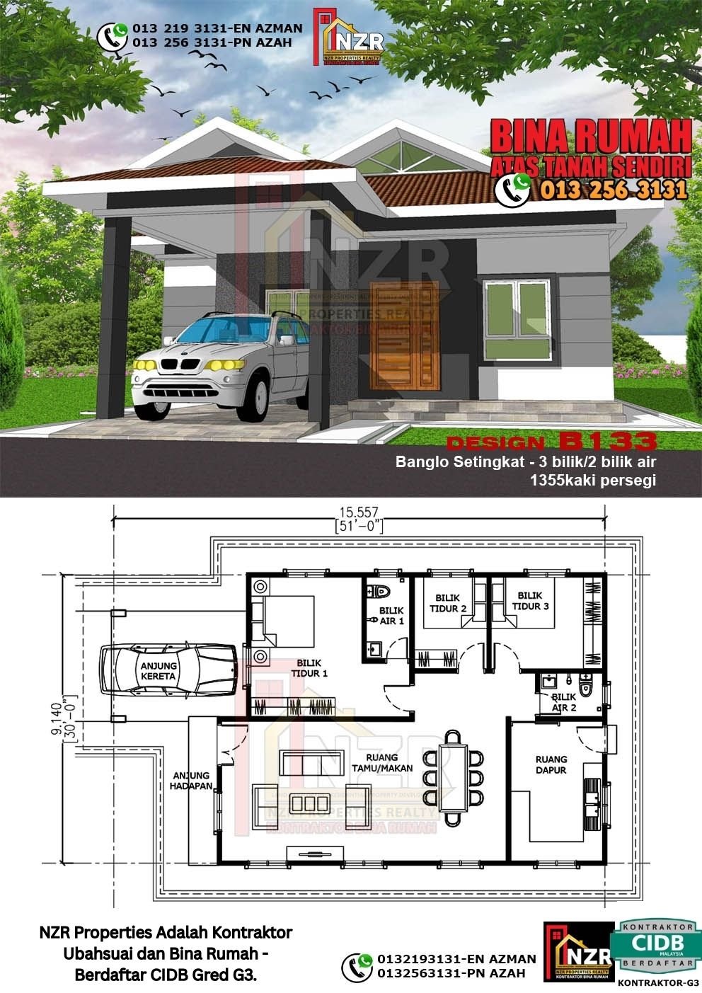 Design B133 rumah setingkat 1355 kps dengan 3 bilik tidur dan 2 bilik air.