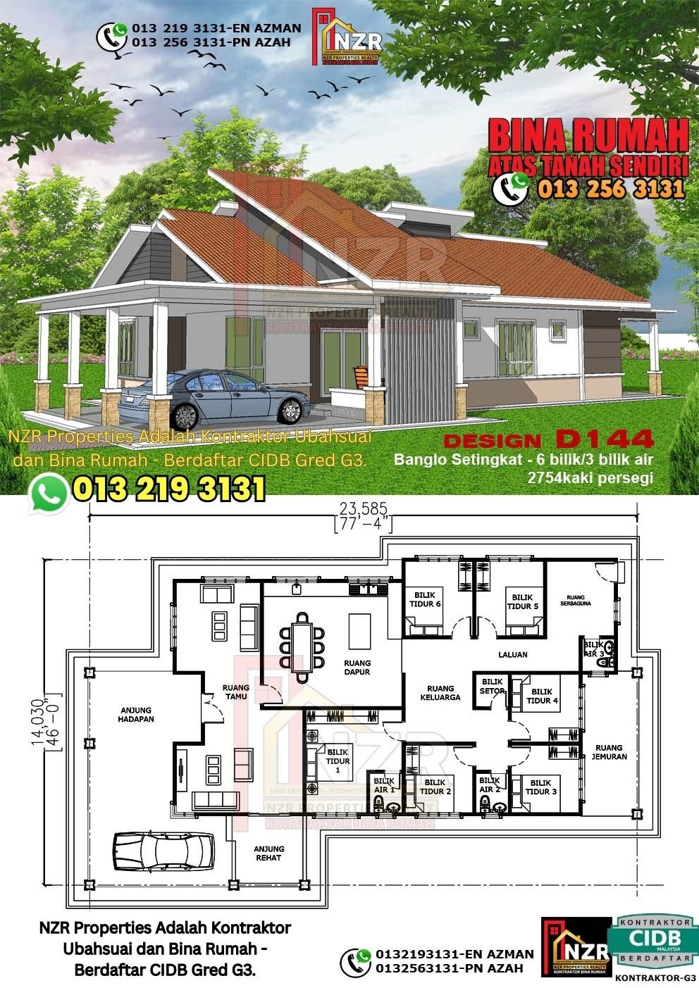 Design D144 rumah 1 tingkat 2754 kps dengan 6 bilik tidur dan 3 bilik air