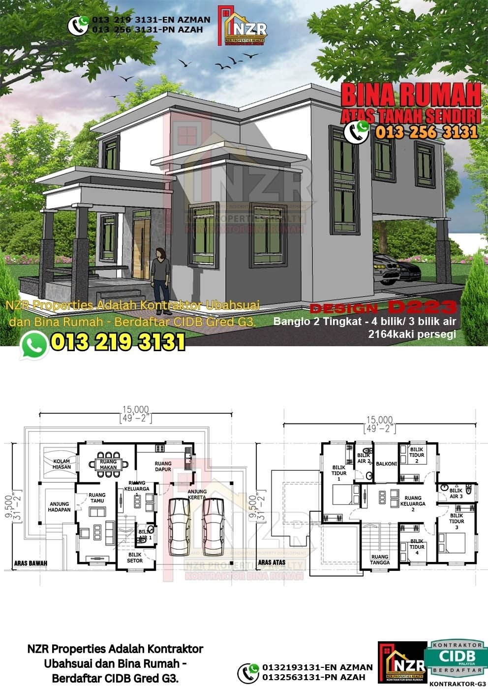 Design D223 rumah dua tingkat 2164 kps dengan 4 bilik tidur dan 3 bilik air.