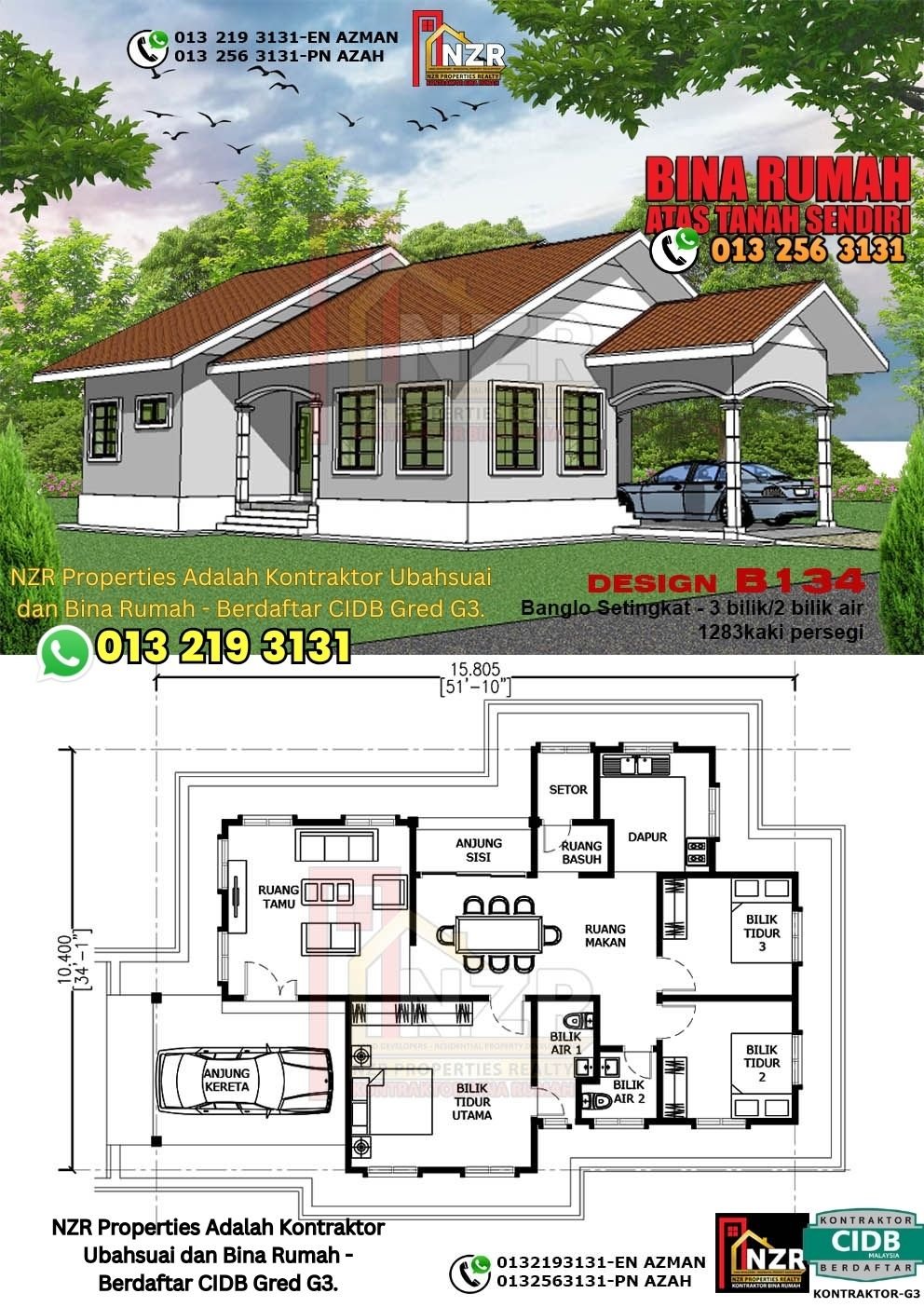Design B134 rumah setingkat 1283 kps dengan 3 bilik tidur dan 2 bilik air.