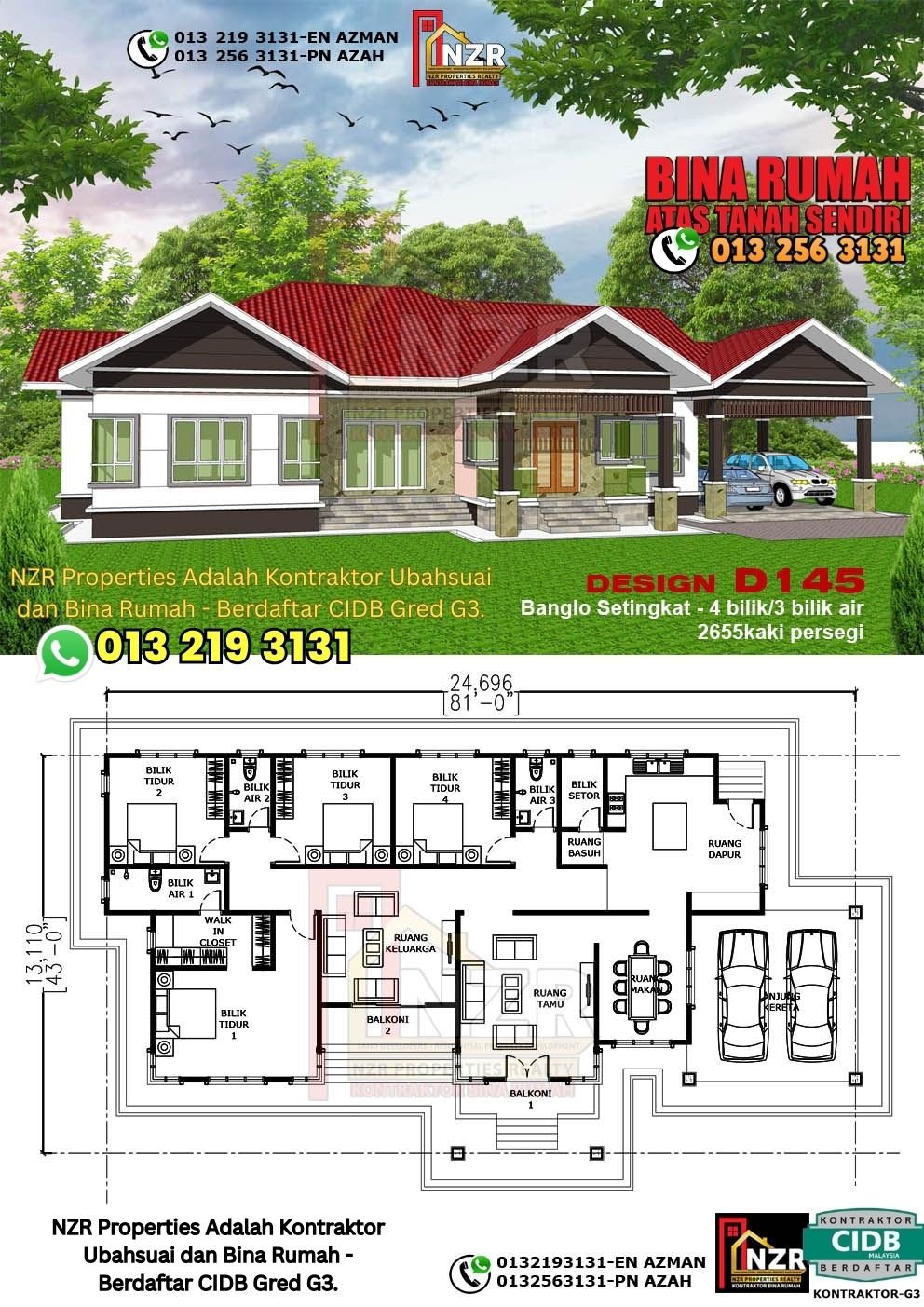 Design D145 rumah 1 tingkat 2655 kps dengan 4 bilik tidur dan 3 bilik air.