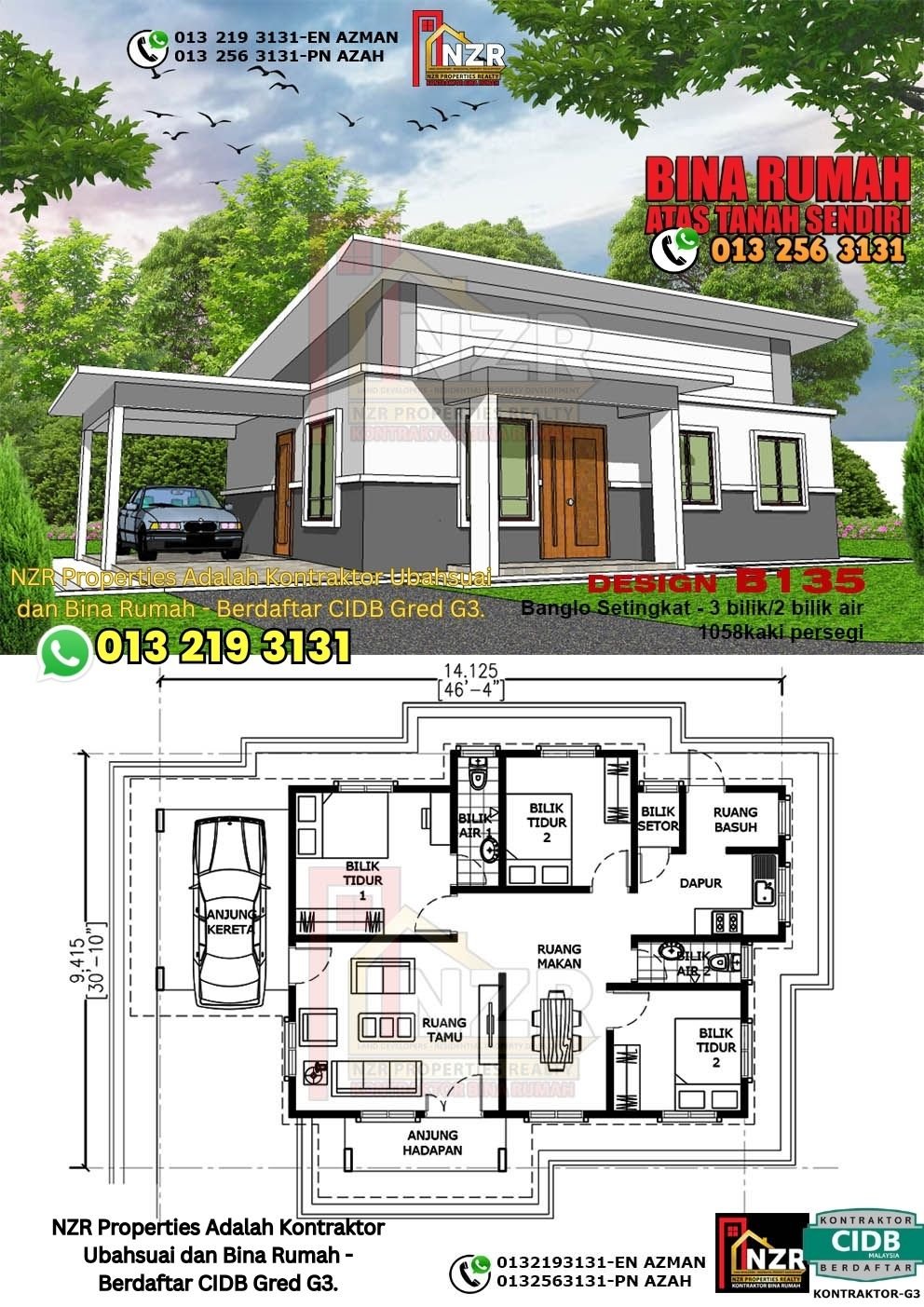 Design B135 rumah setingkat 1058 kps dengan 3 bilik tidur dan 2 bilik air.