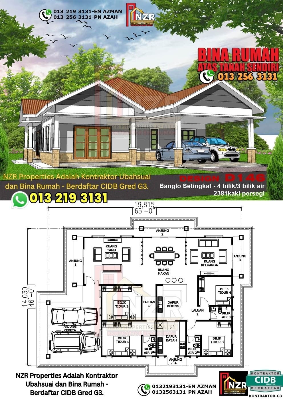 Design D146 rumah 1 tingkat 2381 kps dengan 4 bilik tidur dan 3 bilik air.