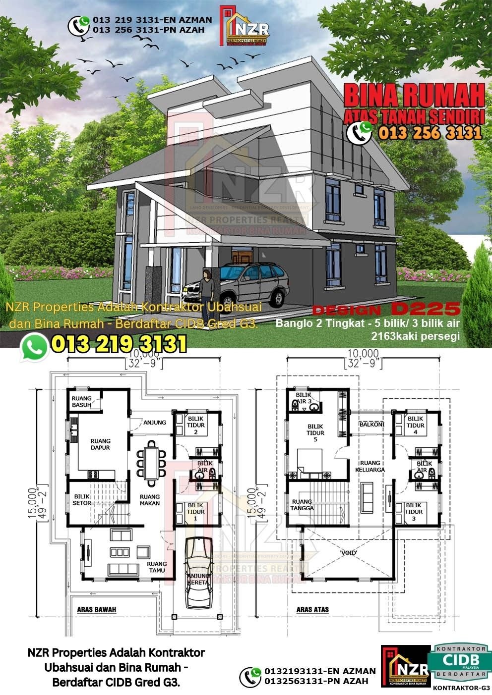 Design D225 rumah dua tingkat 2163 kps dengan 5 bilik tidur dan 3 bilik air.