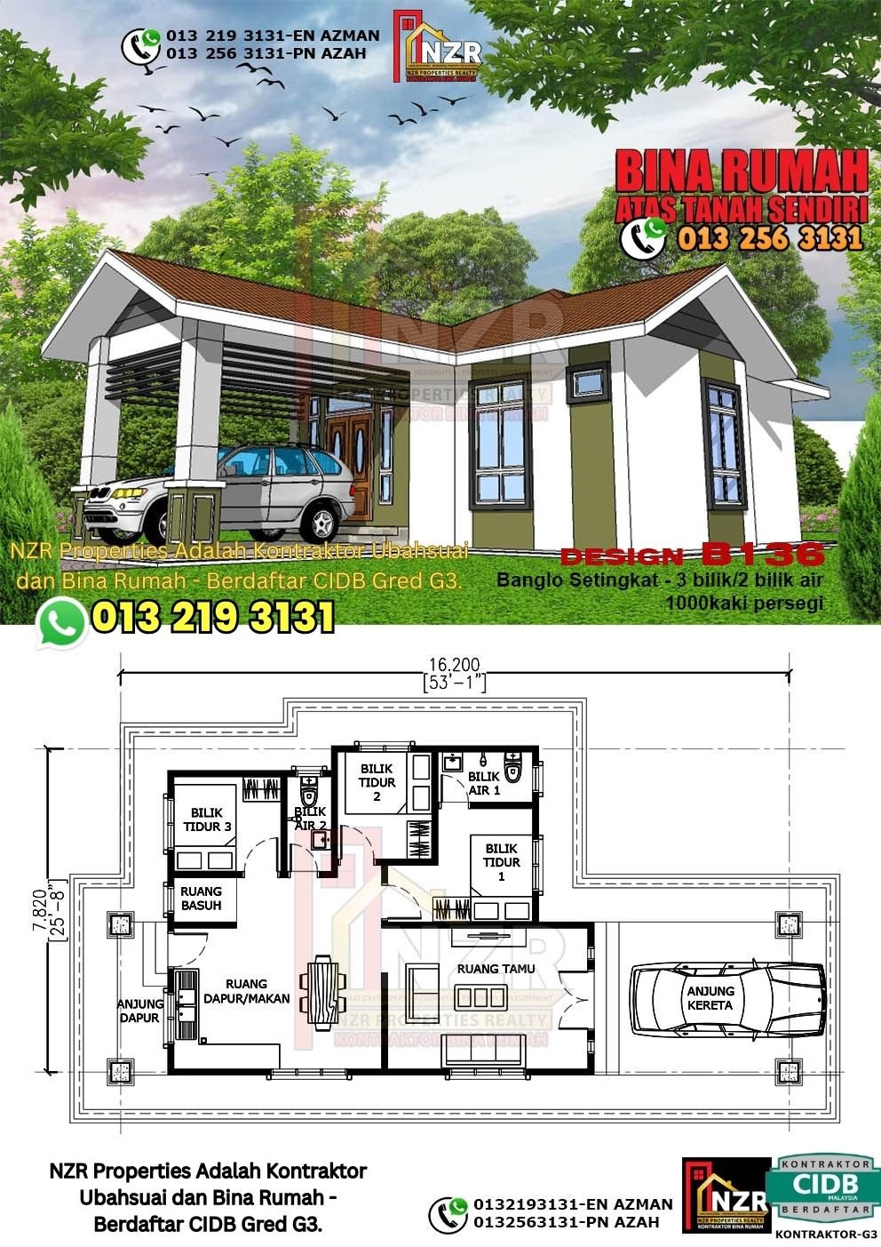 Design B136 rumah setingkat 1000 kps dengan 3 bilik tidur dan 2 bilik air.