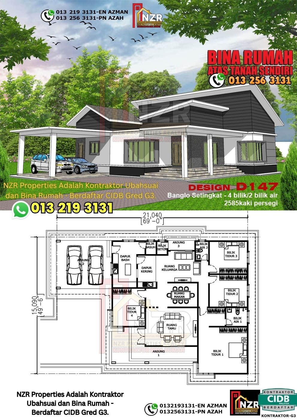 Design D147 rumah 1 tingkat 2585 kps dengan 4 bilik tidur dan 2 bilik air.