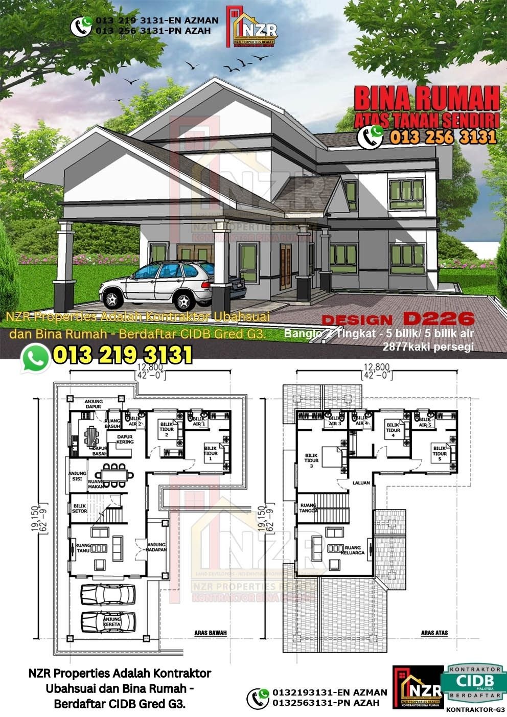 Design D226 rumah dua tingkat 2877 kps dengan 5 bilik tidur dan 5 bilik air
