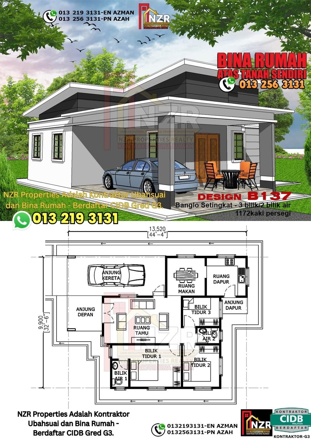 Design B137 rumah setingkat 1172 kps dengan 3 bilik tidur dan 2 bilik air.