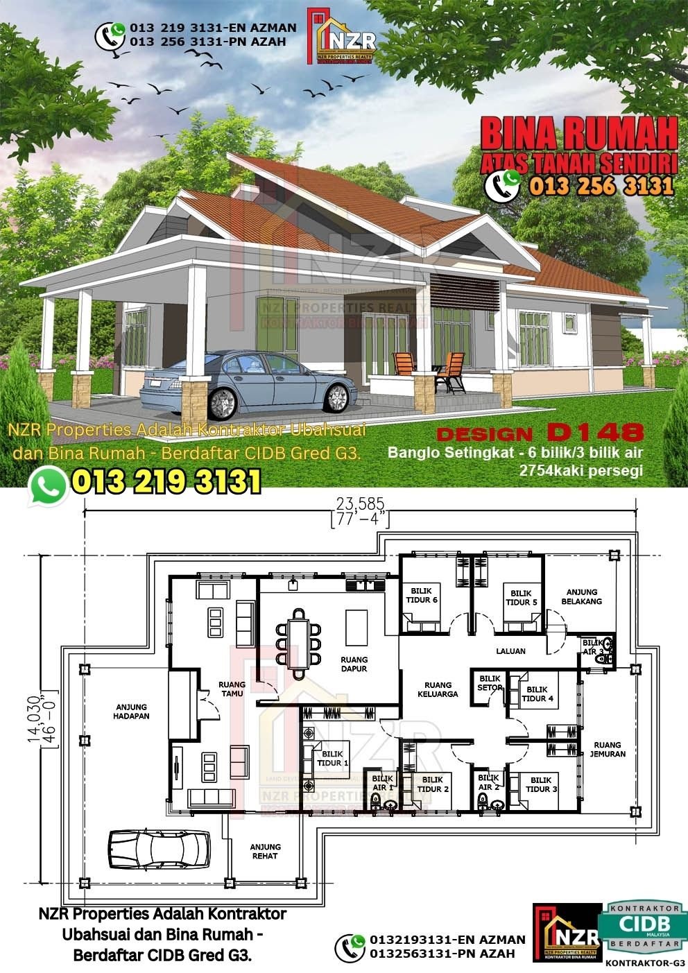 Design D148 rumah 1 tingkat 2754 kps dengan 6 bilik tidur dan 3 bilik air.
