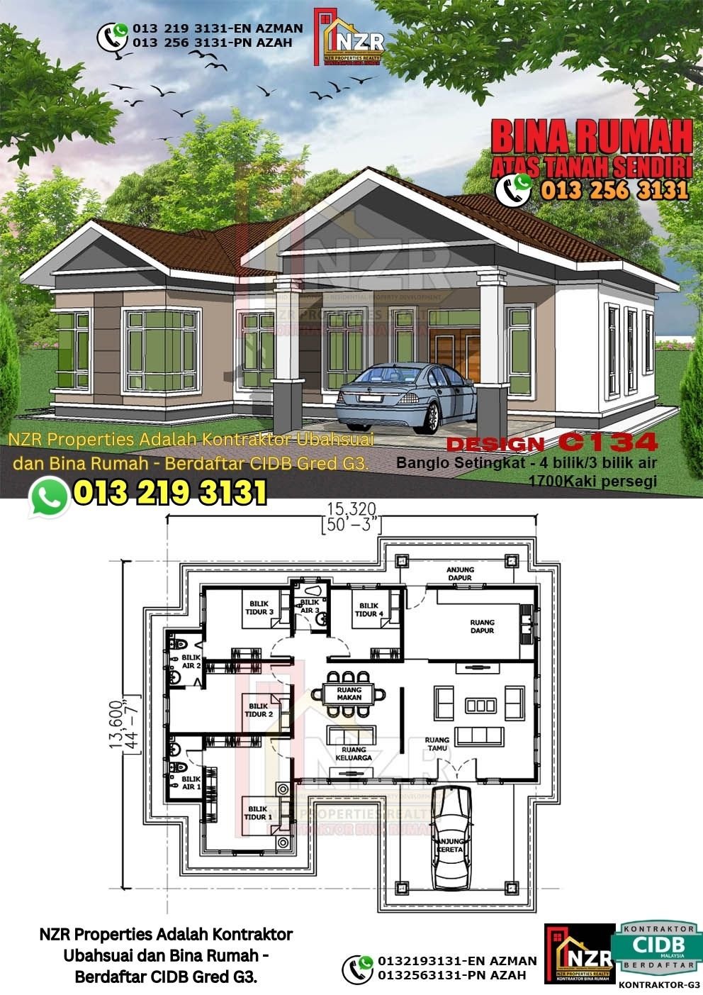 Design C134 rumah 1 tingkat 1700 kps dengan 4 bilik tidur dan 3 bilik air.