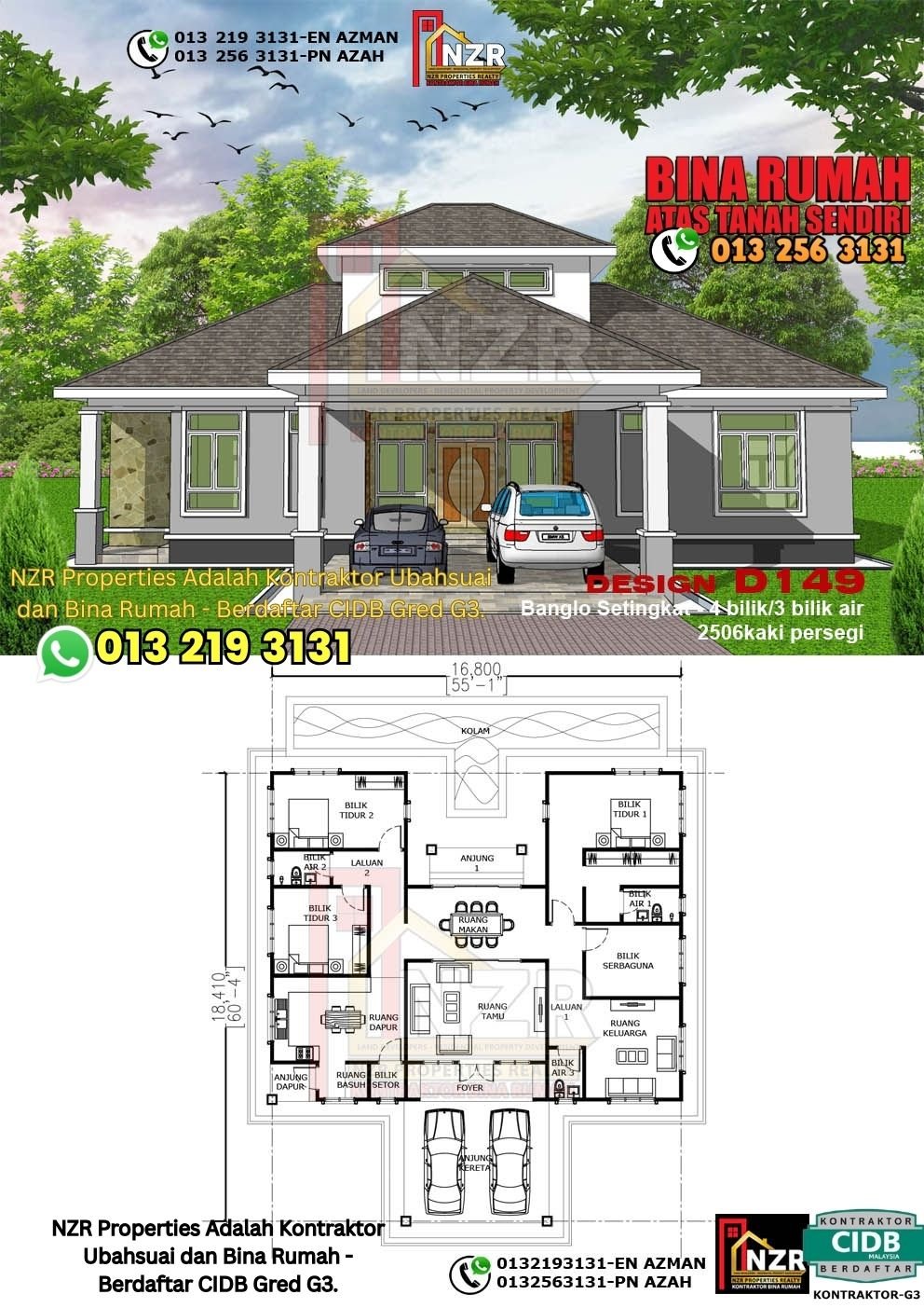 Design D149 rumah 1 tingkat 2506 kps dengan 4 bilik tidur dan 3 bilik air