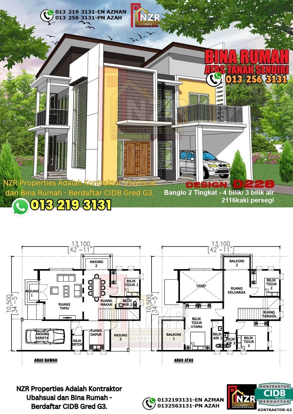 Design D228 rumah dua tingkat 2116 kps dengan 4 bilik tidur dan 3 bilik air