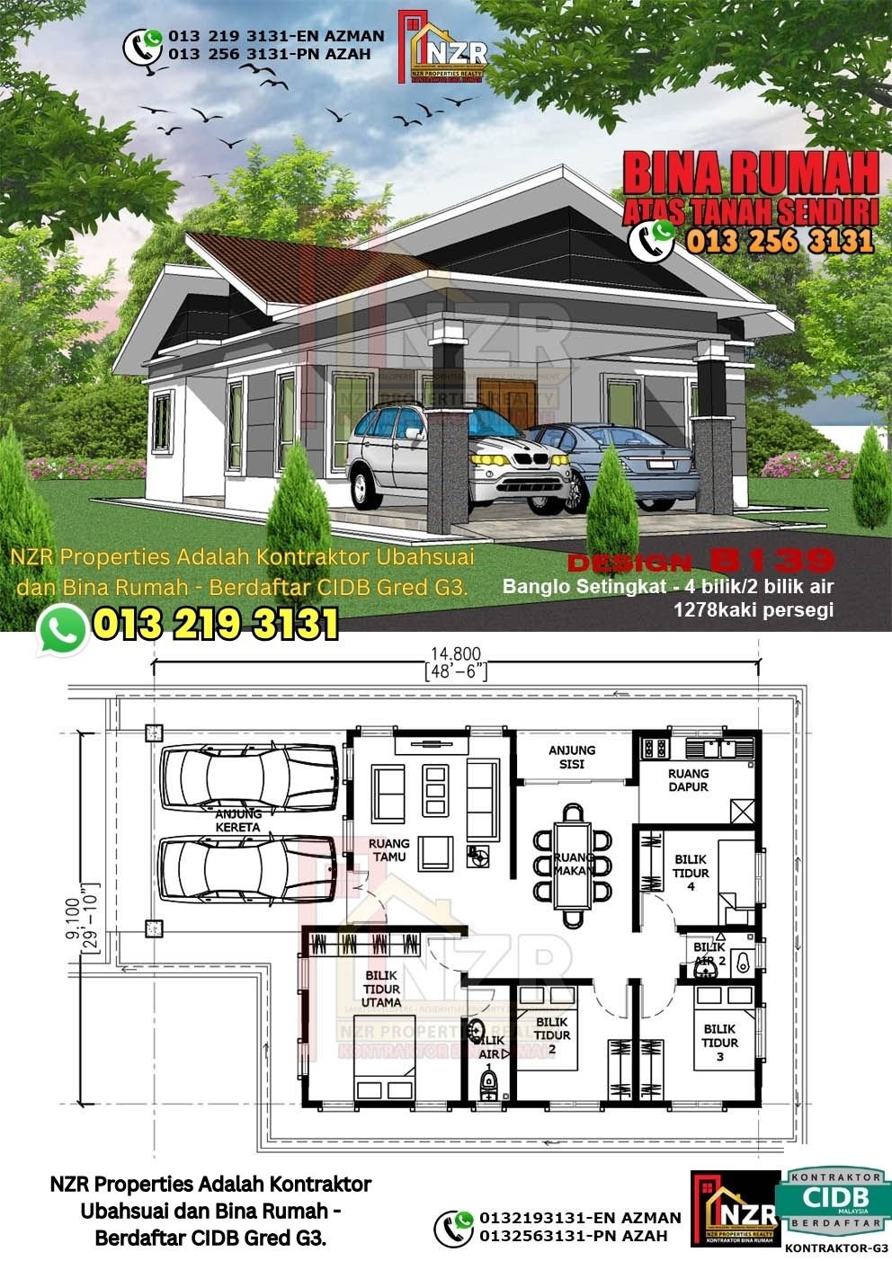 Design B139 rumah setingkat 1278 kps dengan 4 bilik tidur dan 2 bilik air.