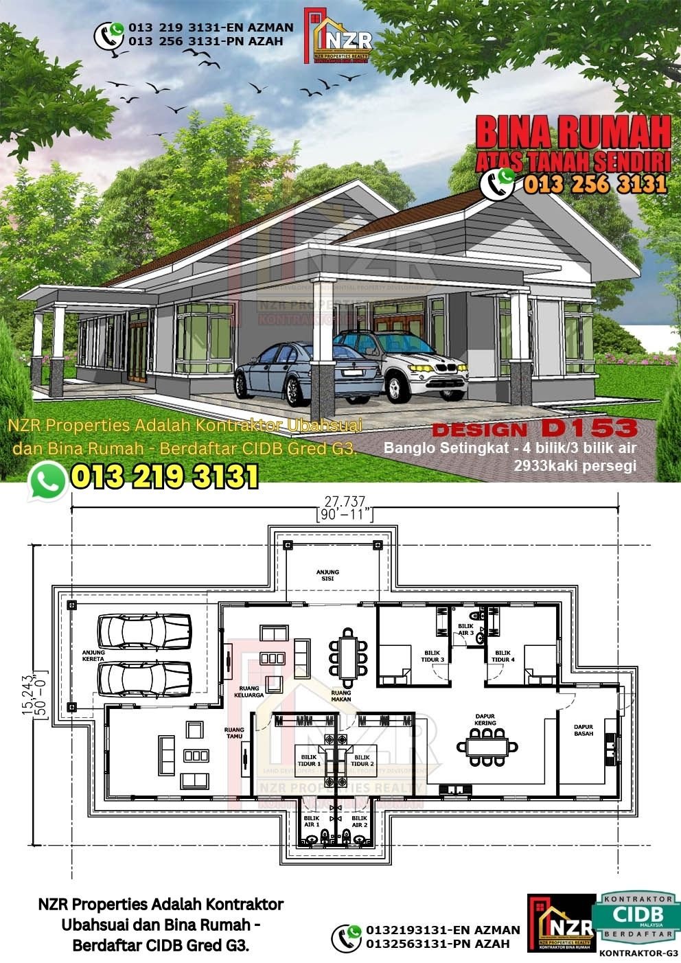 Design D153 rumah 1 tingkat 2933 kps dengan 4 bilik tidur dan 3 bilik air.