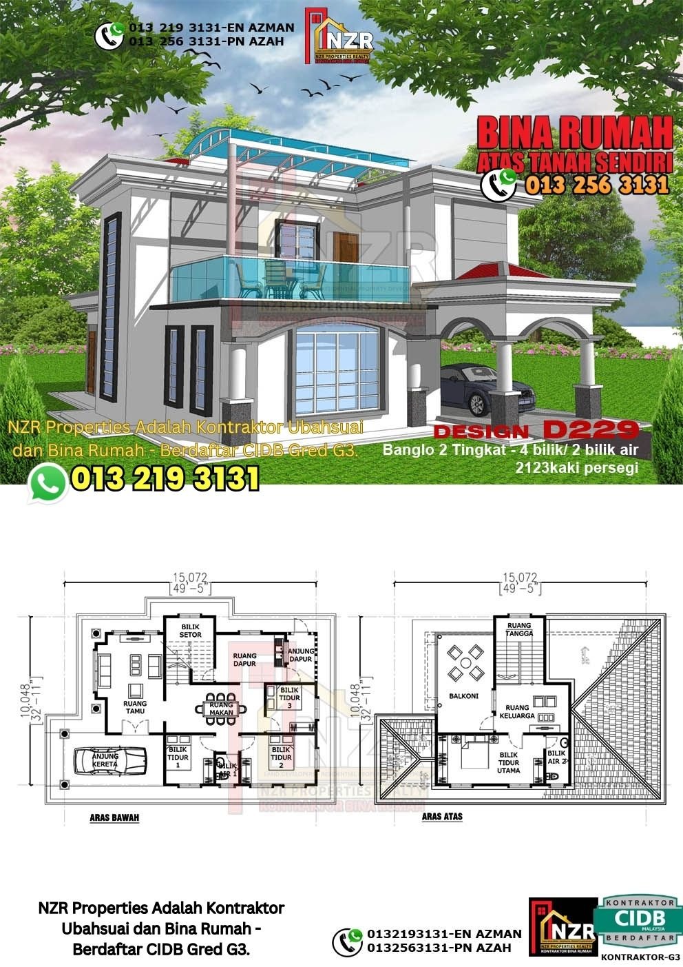 Design D229 rumah dua tingkat 2123 kps dengan 4 bilik tidur dan 2 bilik air.