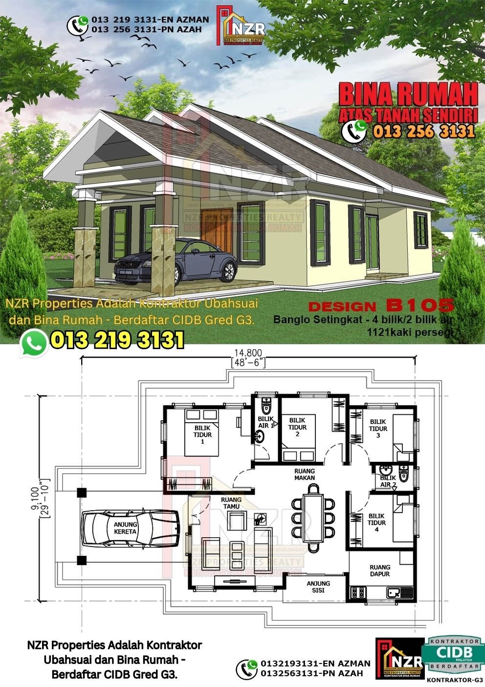 Design B105 rumah 1 tingkat 1121 kps dengan 4 bilik tidur dan 2 bilik air.
