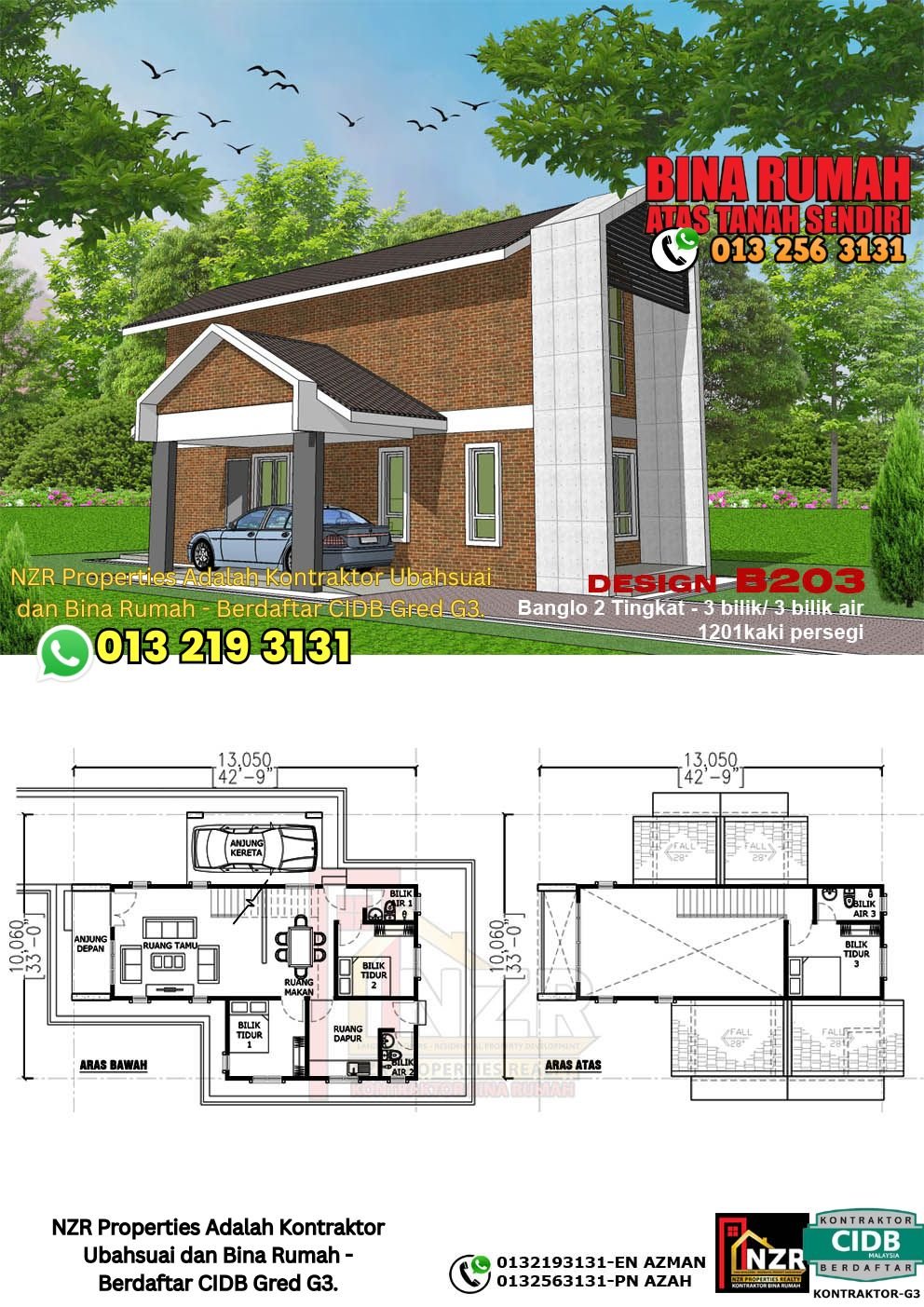 Design B203 rumah dua tingkat 1201 kps dengan 3 bilik tidur dan 3 bilik air.