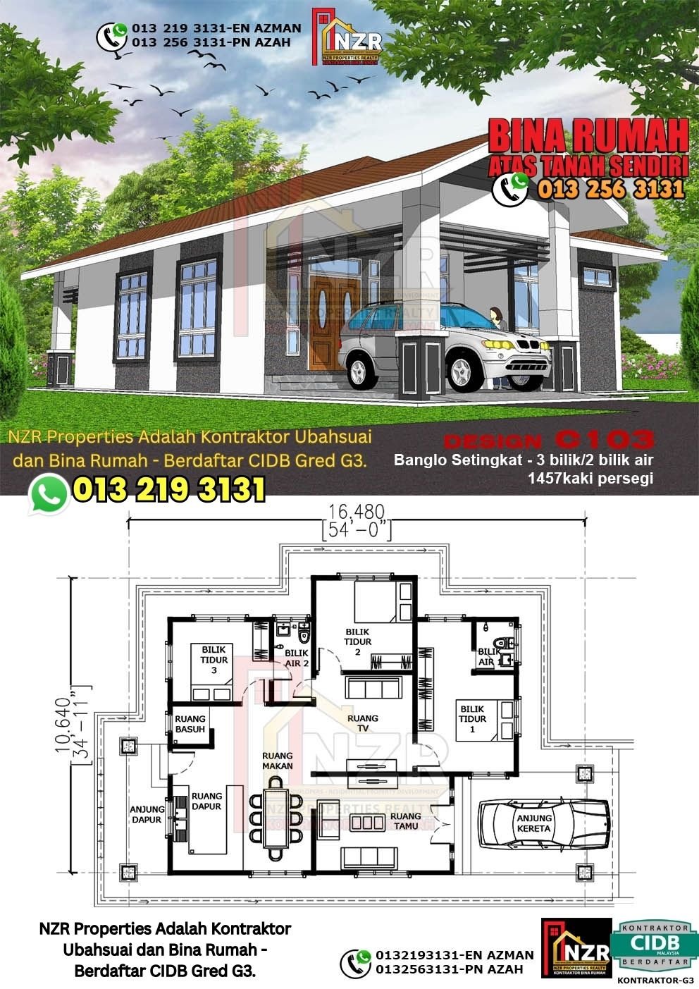 Design C103 rumah 1 tingkat 1457 kps dengan 3 bilik tidur dan 2 bilik air.