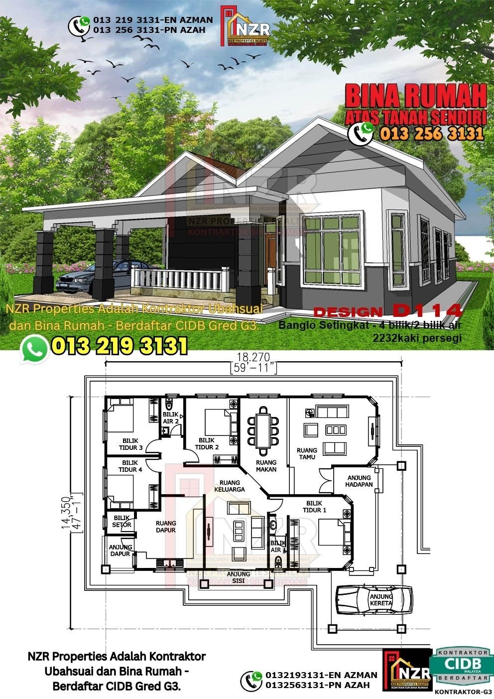Design D114 rumah 1 tingkat 2232 kps dengan 4 bilik tidur dan 2 bilik air.