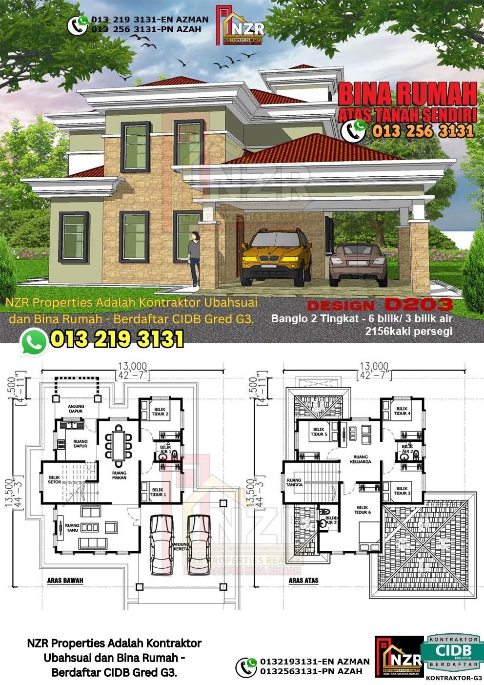 Design D203 rumah dua tingkat 2156 kps dengan 6 bilik tidur dan 3 bilik air.