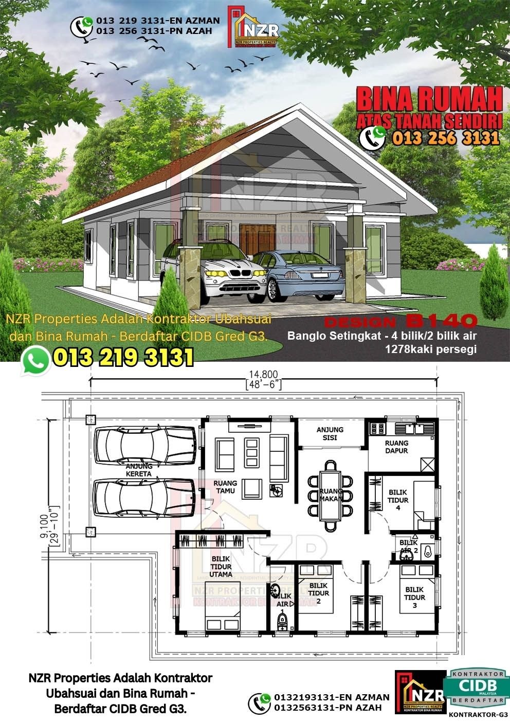 Design B140 rumah setingkat 1278 kps dengan 4 bilik tidur dan 2 bilik air.