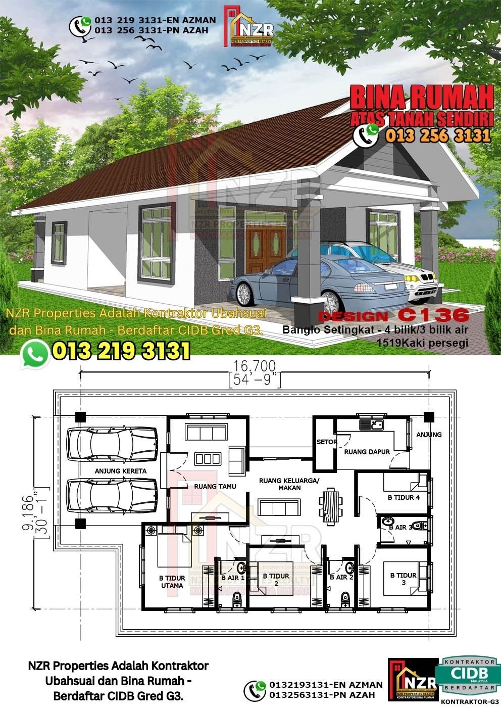 Design C136 rumah 1 tingkat 1519 kps dengan 4 bilik tidur dan 3 bilik air.
