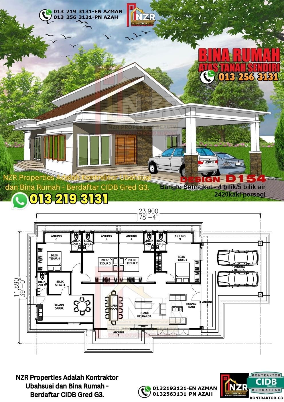 Design D154 rumah 1 tingkat 2420 kps dengan 4 bilik tidur dan 5 bilik air.
