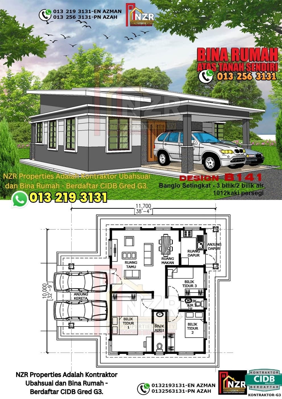 Design B141 rumah setingkat 1012 kps dengan 3 bilik tidur dan 2 bilik air.