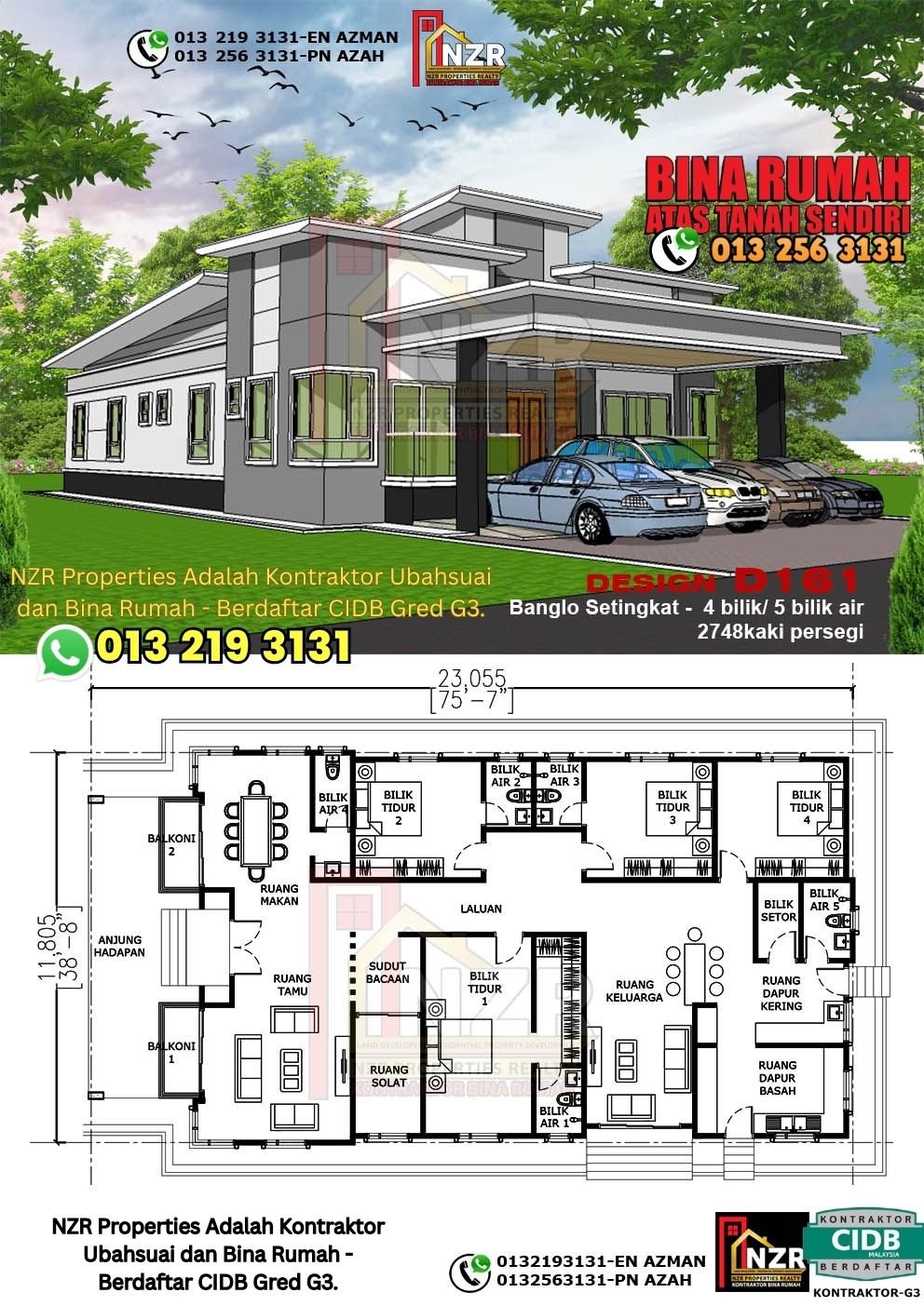 Design D161 rumah 1 tingkat 2748 kps dengan 4 bilik tidur dan 5 bilik air.