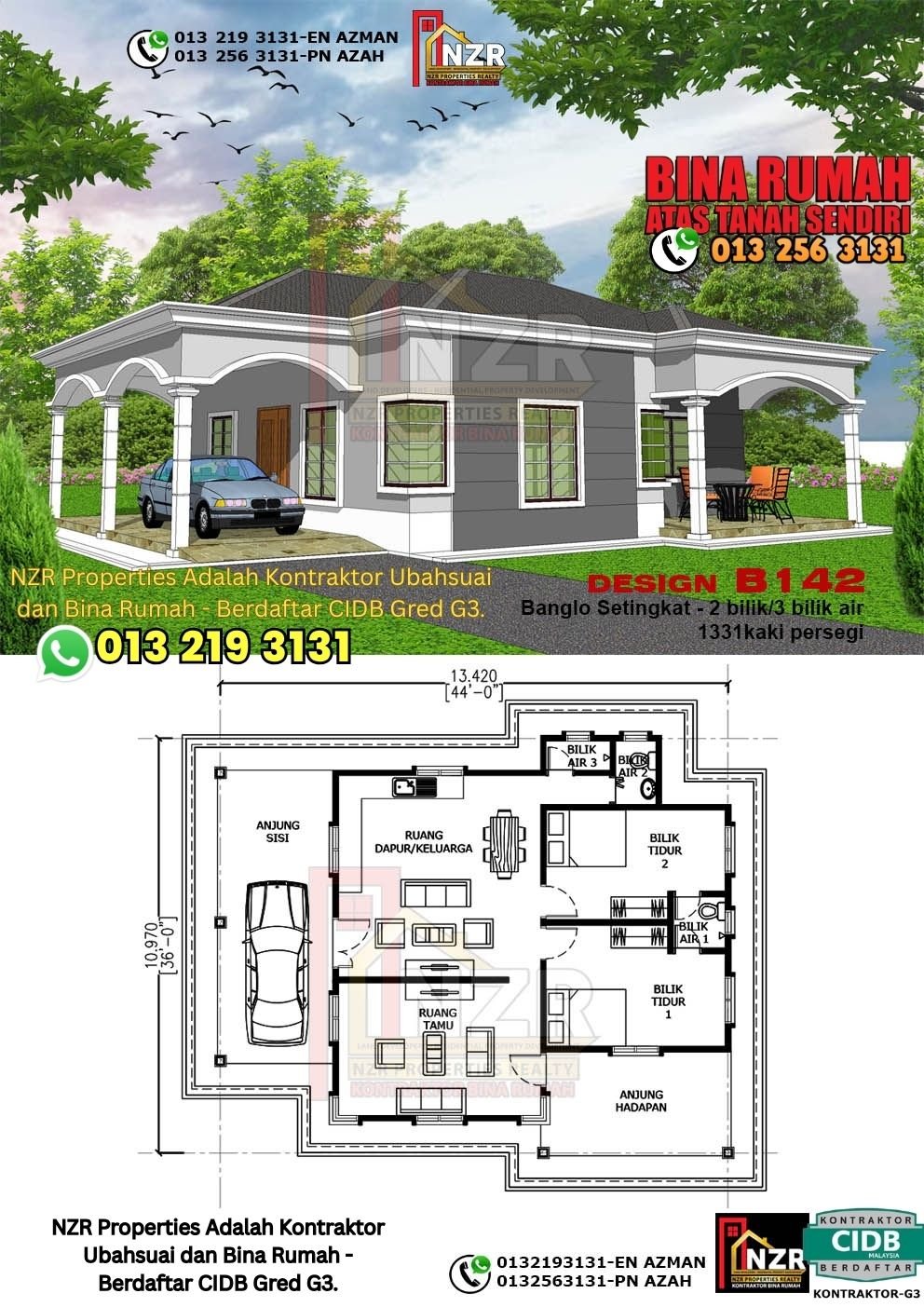 Design B142 rumah setingkat 1331 kps dengan 2 bilik tidur dan 3 bilik air.