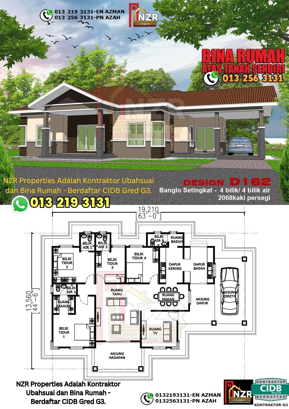 Design D162 rumah 1 tingkat 2068 kps dengan 4 bilik tidur dan 4 bilik air.
